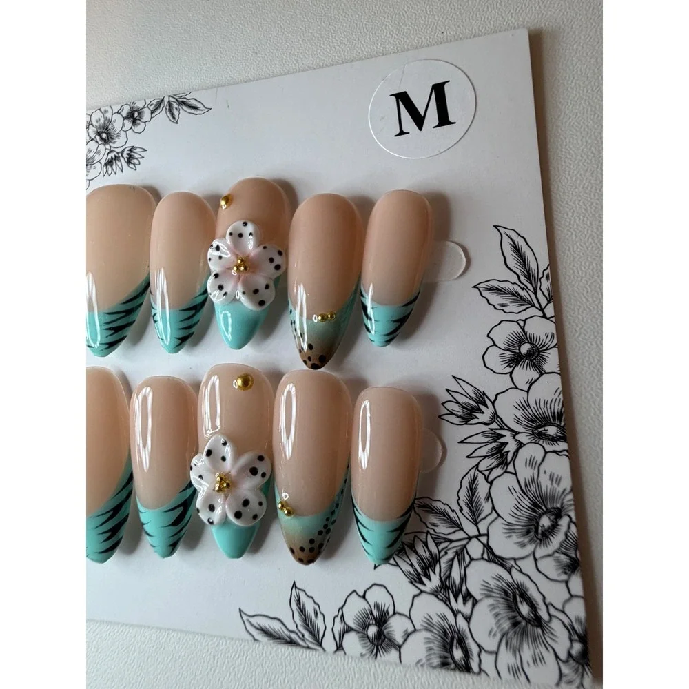 Mint Green 3D Floral & Tiger Stripe Press On Nails Set Size M Handmade